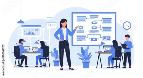 Businesswoman leading a team meeting in a modern office setting.