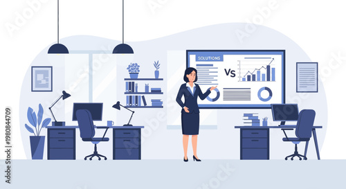 Businesswoman presenting data on a large screen in an office.