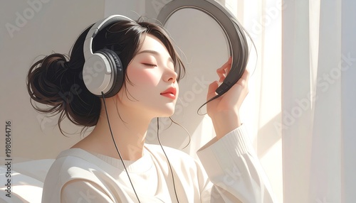 A serene woman enjoys music with headphones