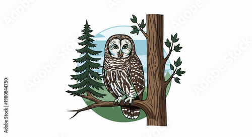 A wise owl perches on a tree branch in a serene forest
