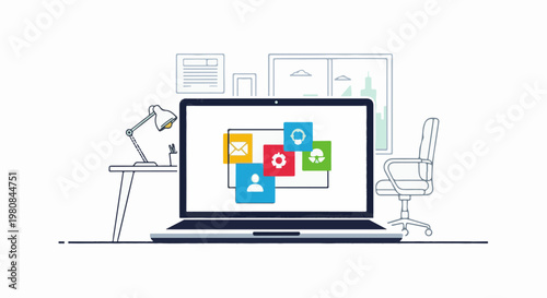 A stylized digital workspace with a laptop displaying icons and office furniture