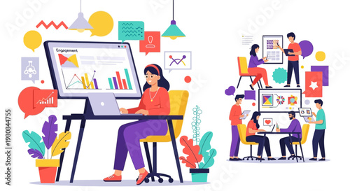 Diverse team collaborating on business strategy and data analysis.