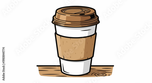 A stylized disposable coffee cup with a brown cardboard sleeve rests on a wooden surface