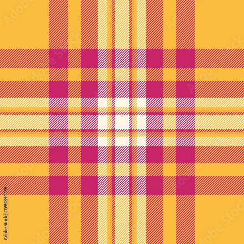 Formal check tartan vector, female plaid fabric texture. Cosy textile seamless pattern background in amber and pink colors.