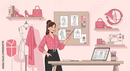 Fashion designer presenting clothing sketches on a bulletin board.