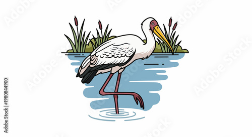A stylized white bird with yellow beak wades in blue water with green reeds