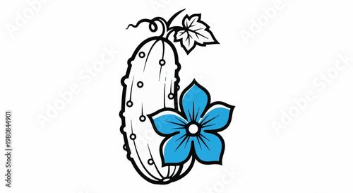 A stylized drawing of a cucumber with a blue flower and a leaf
