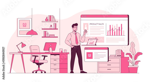 Man in Office Presenting Business Data Analytics.