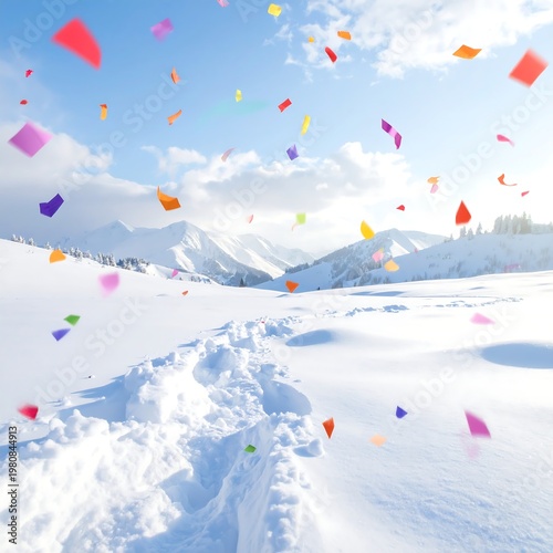 A snowy landscape with colorful confetti and mountain range