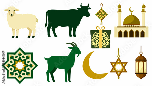 Islamic Eid elements set with animals and ornaments in flat style