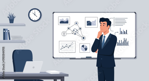 Man in suit contemplating business strategy near whiteboard.