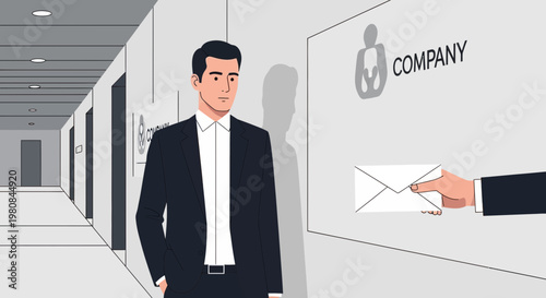 Man in Suit Receiving Envelope at Company Entrance.