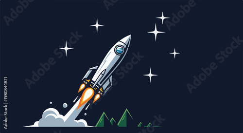 A stylized white rocket blasts off into a dark night sky with stars