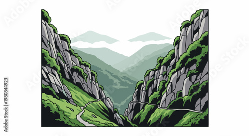 A winding path navigates a steep, green mountain valley under a hazy sky