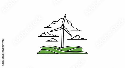 A stylized wind turbine stands tall amidst rolling green hills and fluffy white clouds