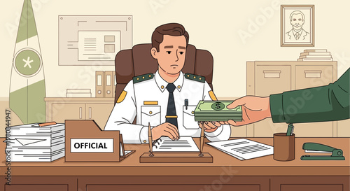 Man in uniform receiving a small tank on desk.