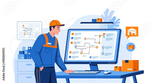 Man in uniform looking at computer screen with schematic diagram.