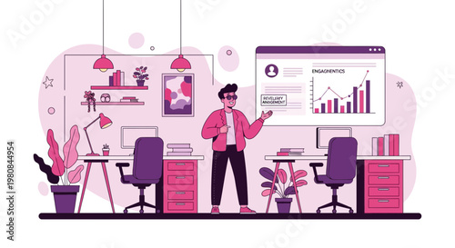 Man in Virtual Reality headset presenting business data.