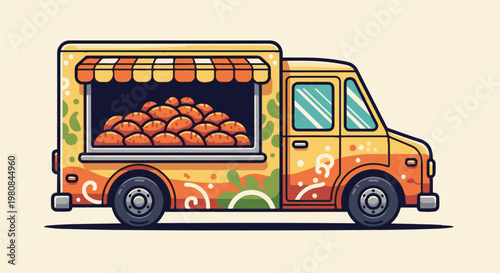 A stylized yellow and orange food truck filled with baked goods
