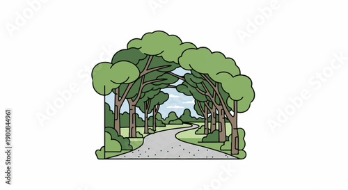 A winding path through a lush, tree-lined park with a bright sky