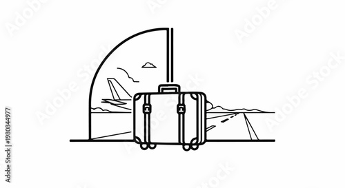 A suitcase sits ready for travel with a plane and runway visible in background