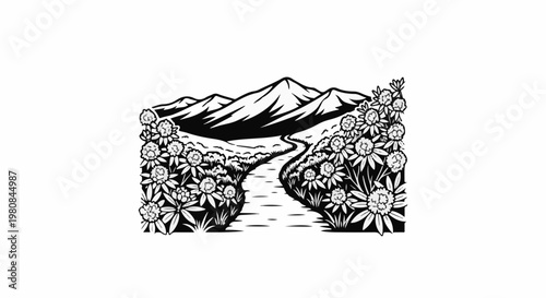 A winding path through a meadow of wildflowers leads to distant mountains