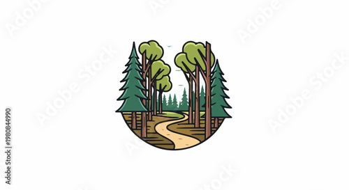 A winding path through a stylized forest with evergreen and deciduous trees
