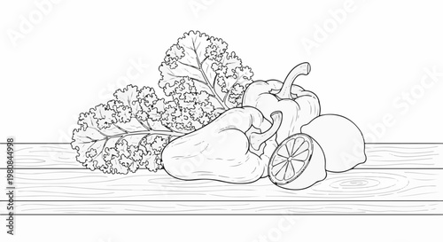 A stylized line drawing of fresh vegetables including bell peppers, kale, and lemons on wooden planks
