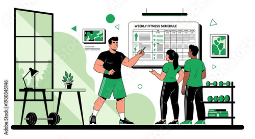 Personal trainer explaining fitness plan to clients.