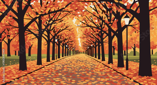 A symmetrical tree-lined pathway covered in fallen autumn leaves