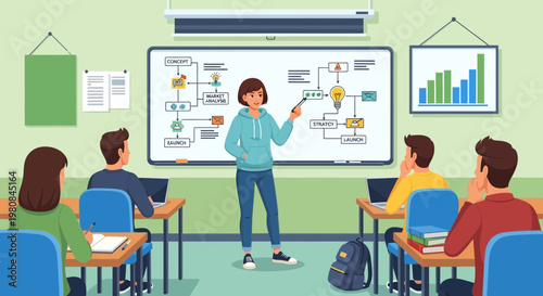 Teacher explaining complex diagram to students in classroom.