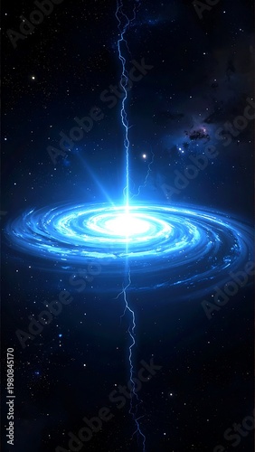 A vibrant blue glowing celestial body with concentric rings