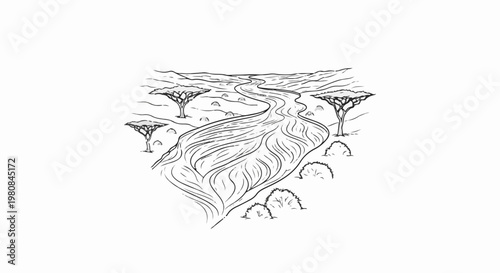 A winding river flows through a savanna landscape with scattered trees and bushes