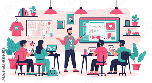 Teacher instructing students in a modern classroom setting.