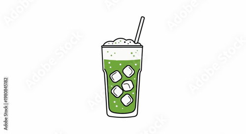 A tall glass of iced green drink with ice cubes and a straw