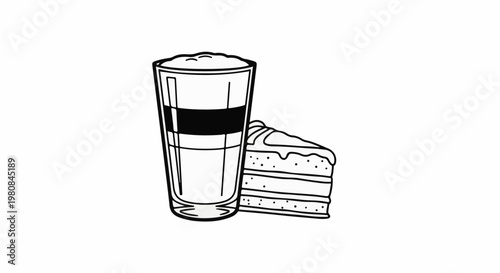 A tall glass with a dark stripe and a slice of layered cake