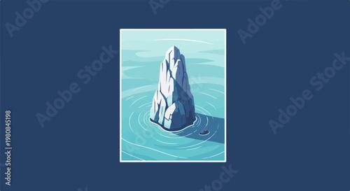 A tall, jagged rock formation emerges from calm, turquoise water
