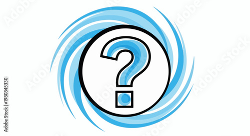 A stylized question mark within a swirling vortex of blue waves
