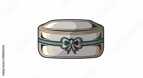 A stylized, oval gift box with a ribbon and bow accent