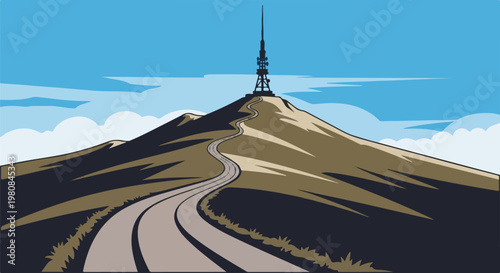 A winding road leads up a barren hill to a tall transmission tower