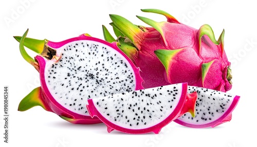 A vibrant pink dragon fruit with green scales and white interior