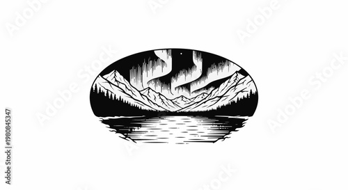 A stylized oval scene of a northern lights display over mountains and a lake