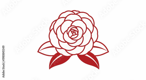A stylized red outline drawing of a camellia flower with leaves on a white background