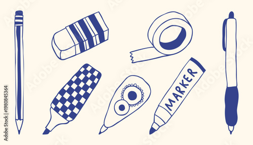 Minimal hand drawn stationery set with pencil, eraser, tape, pen, marker, and correction tape. Clean blue line style, ideal for school, office, and creative design use.