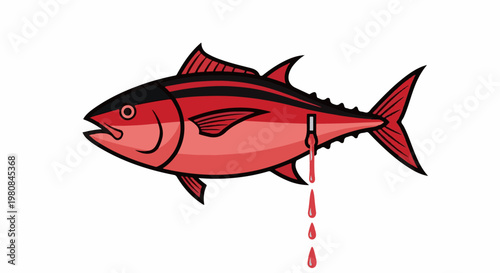 A stylized red tuna fish with a small spout leaking red liquid