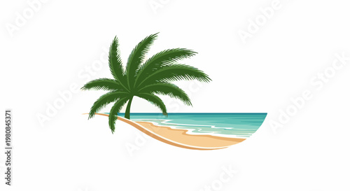 A stylized palm tree shades a sandy beach meeting clear ocean waves