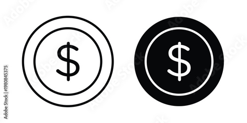 Coin icon set vector symbol in black filled and stroke style
