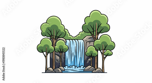 A stylized cartoon waterfall cascades between rocky ledges, surrounded by lush green trees