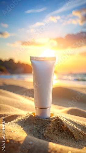 A white tube on sandy beach at sunset