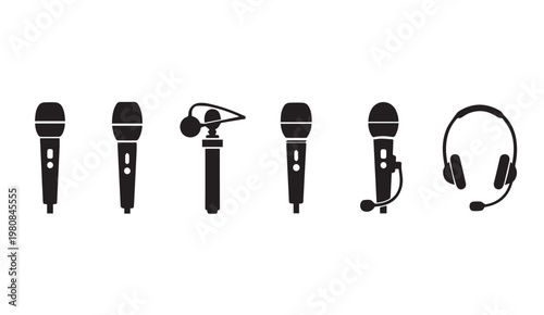 Collection of diverse microphones and headphones for audio recording and broadcasting